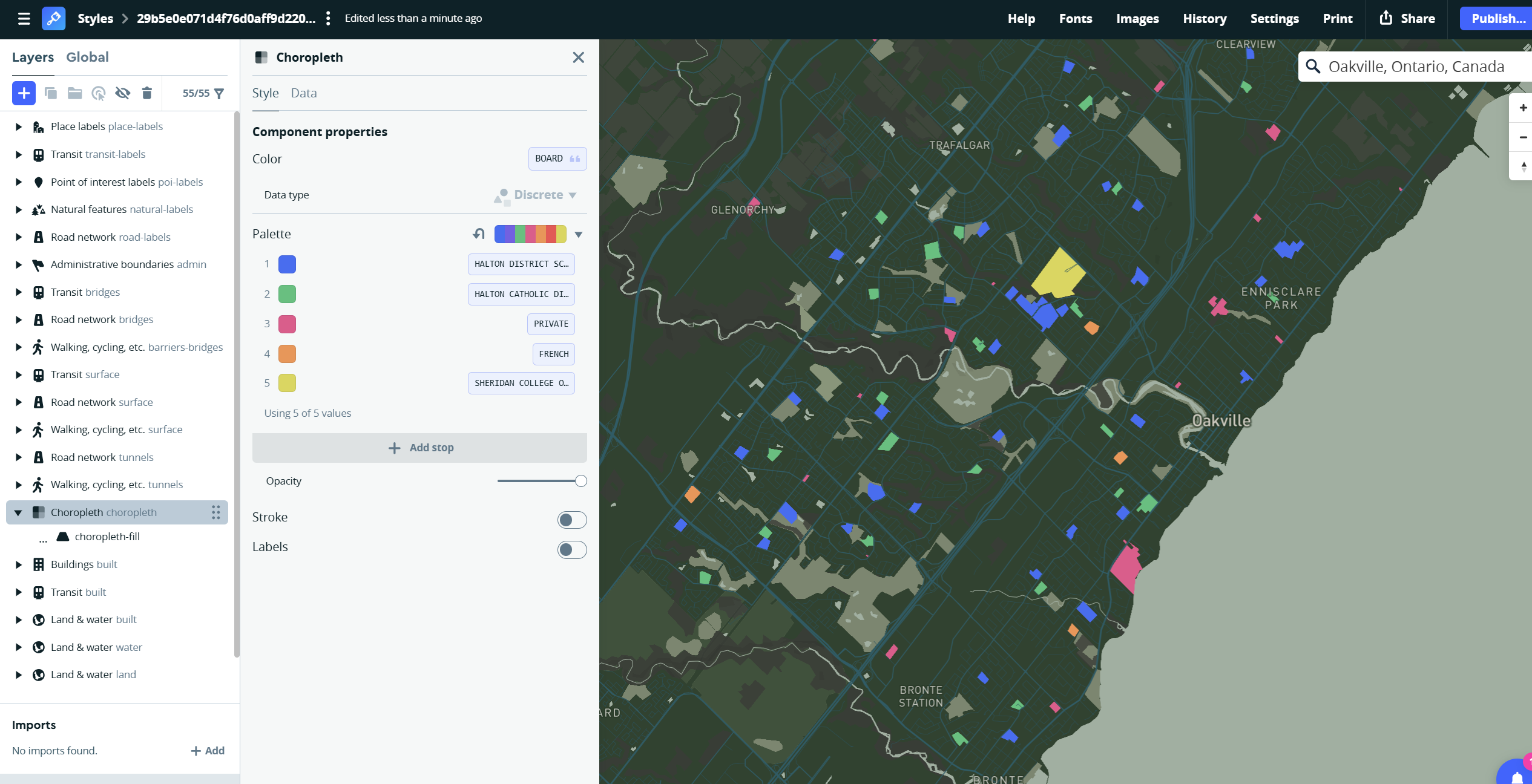 Choropleth by school board of Oakville